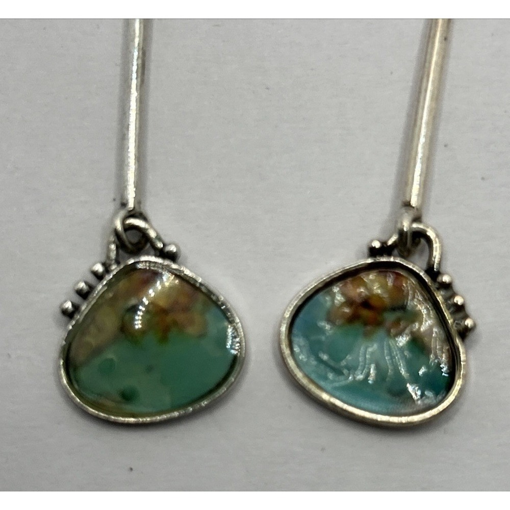 Vintage Faux Turquoise Long Drop Earrings‎ Silver tone Dangling Spring - Picture 2 of 5